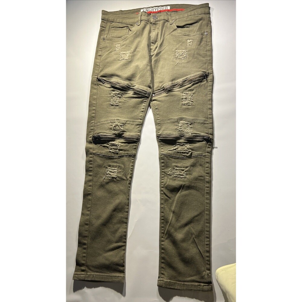 VTG Size 34 Encrypted Skinny Jeans Ripped Zipped Distressed OD Green Military